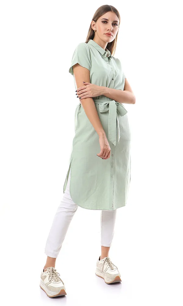 57258 Self Horizontal Stripe Side Slitted Mint Green Long Shirt