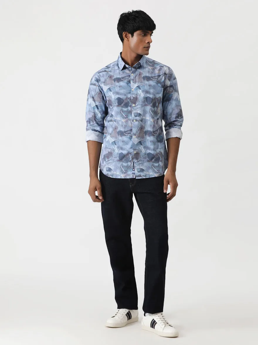 Aqua Blue Printed Slim Fit Casual Shirt | Greenfibre