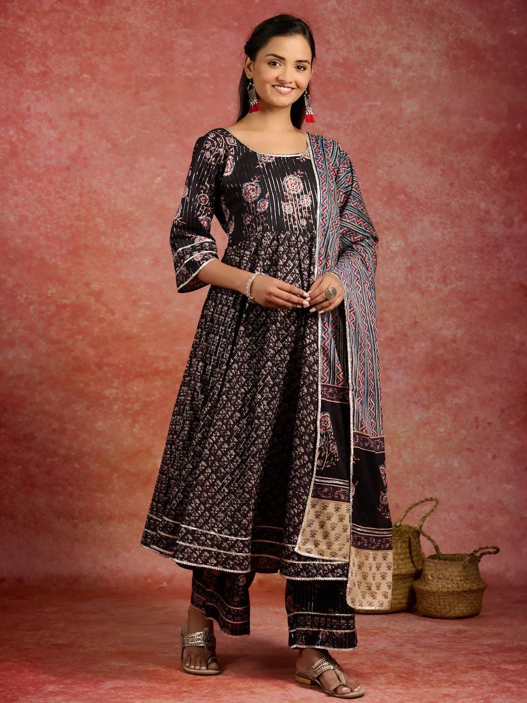 Black Self Design Cotton Anarkali Suit With Dupatta