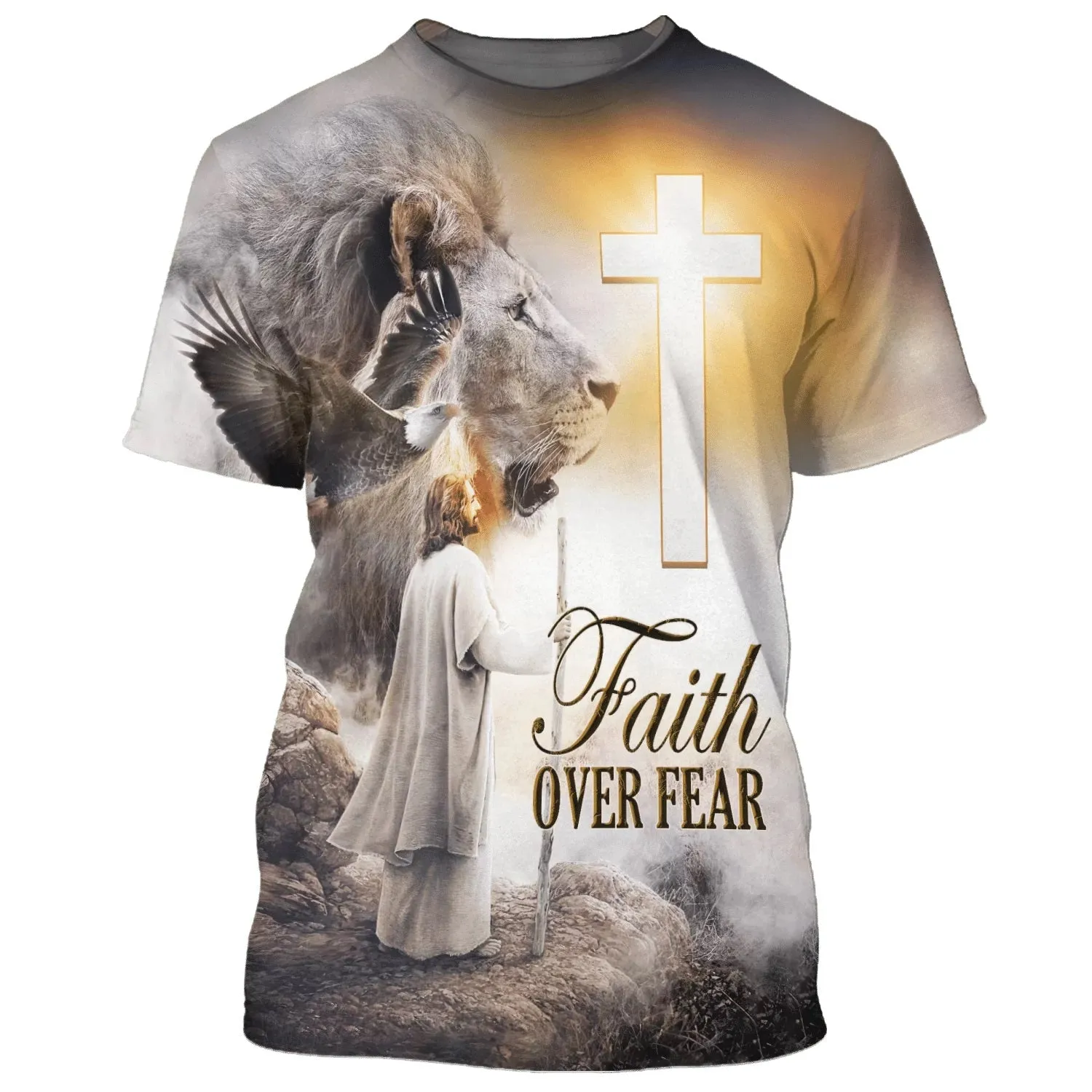 Christian Jesus Lion Cross Faith Over Fear 3d All Over Print Shirt - Christian 3d Shirts For Men Women