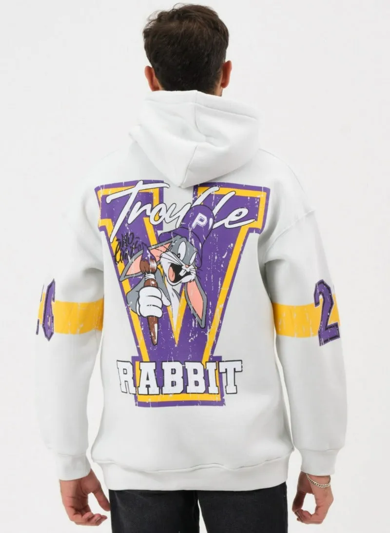 Clang White men's graphic hoodies rabbit printed Loose-Fit