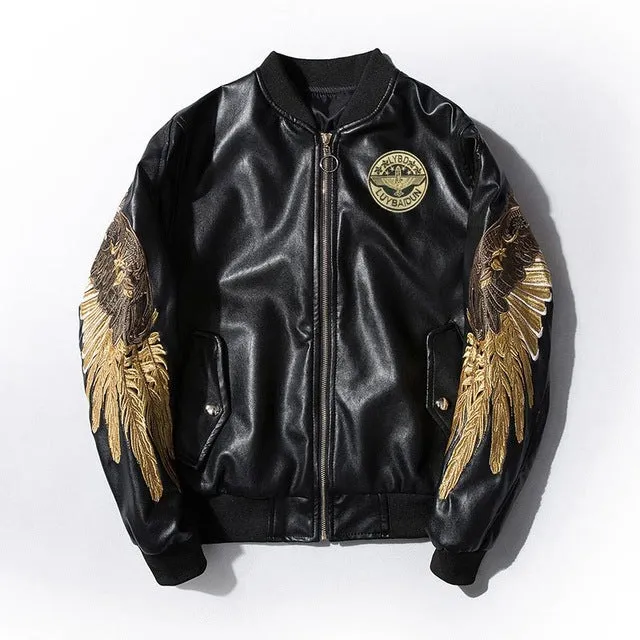 Embroidery Gold Wings PU Leather Stand Collar Jacket