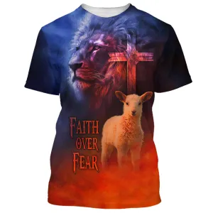 Faith Over Fear Lion And The Lamb 3d T-Shirts - Christian Shirts For Men&Women