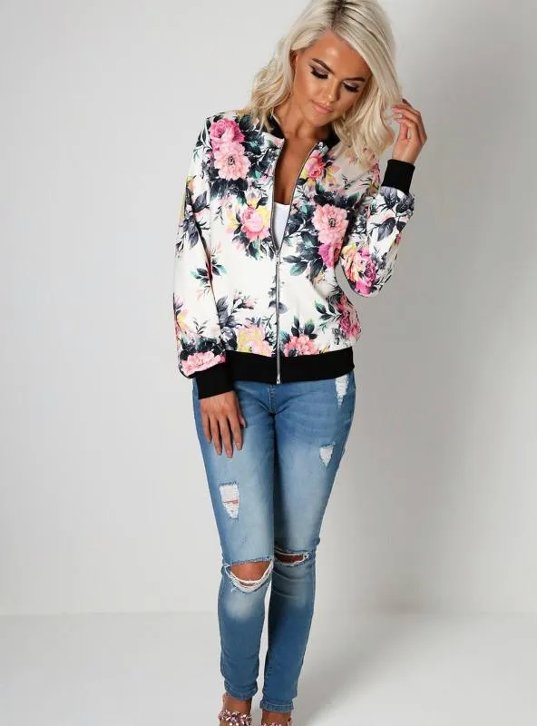 FLOWER PRINT WOMEN BASIC COATS LONG SLEEVE ZIPPER