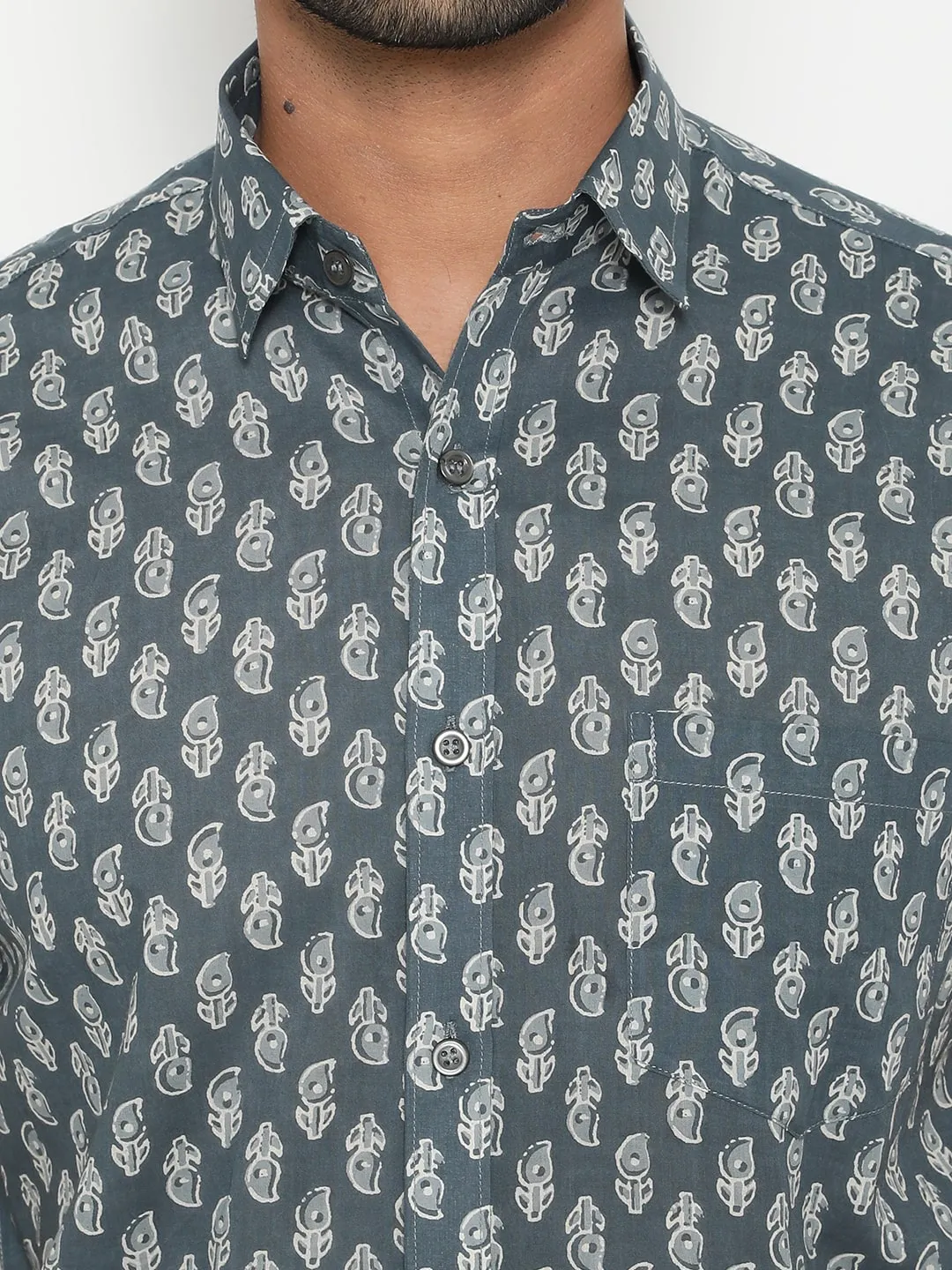 Grey Short Sleeve Cotton Hand Block Printed Men’s Shirt