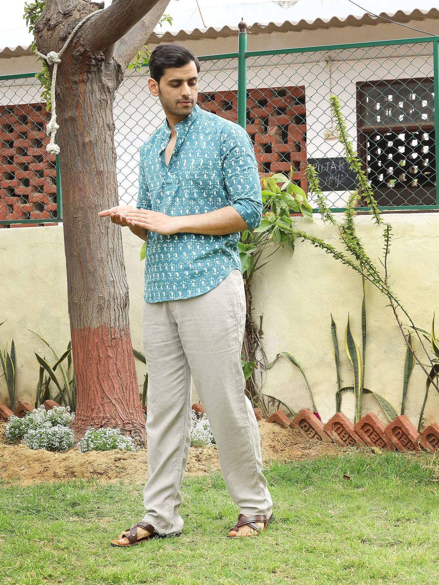 Handblock Printed Mens Cotton Short Kurta Style Shirt  (Blue)