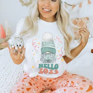 Hello 2023 Women's Cute New Year Gnome Retro Design Cozy Crewneck Sweatshirt or Soft T-Shirt New Year's or Christmas Gift for Her