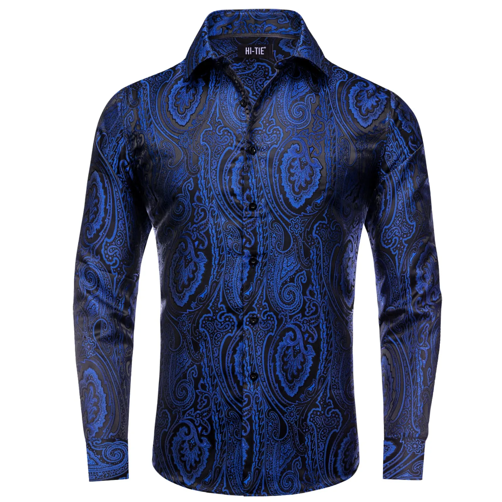 Hi-Tie Blue Black Shirt Jacquard Paisley Top Men's Long Sleeve Shirt