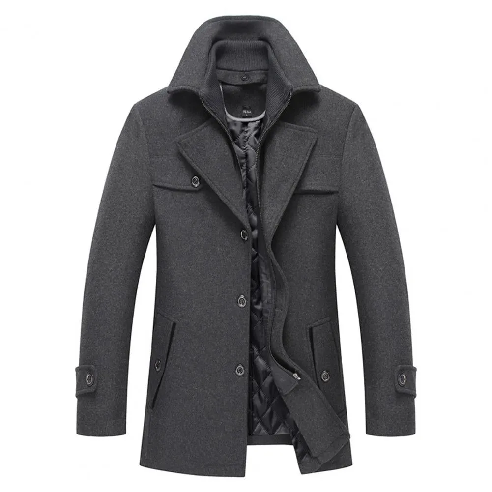 Men Jacket Coat Pockets Winter Windbreaker Solid Woolen Coat Mid-Length  2023