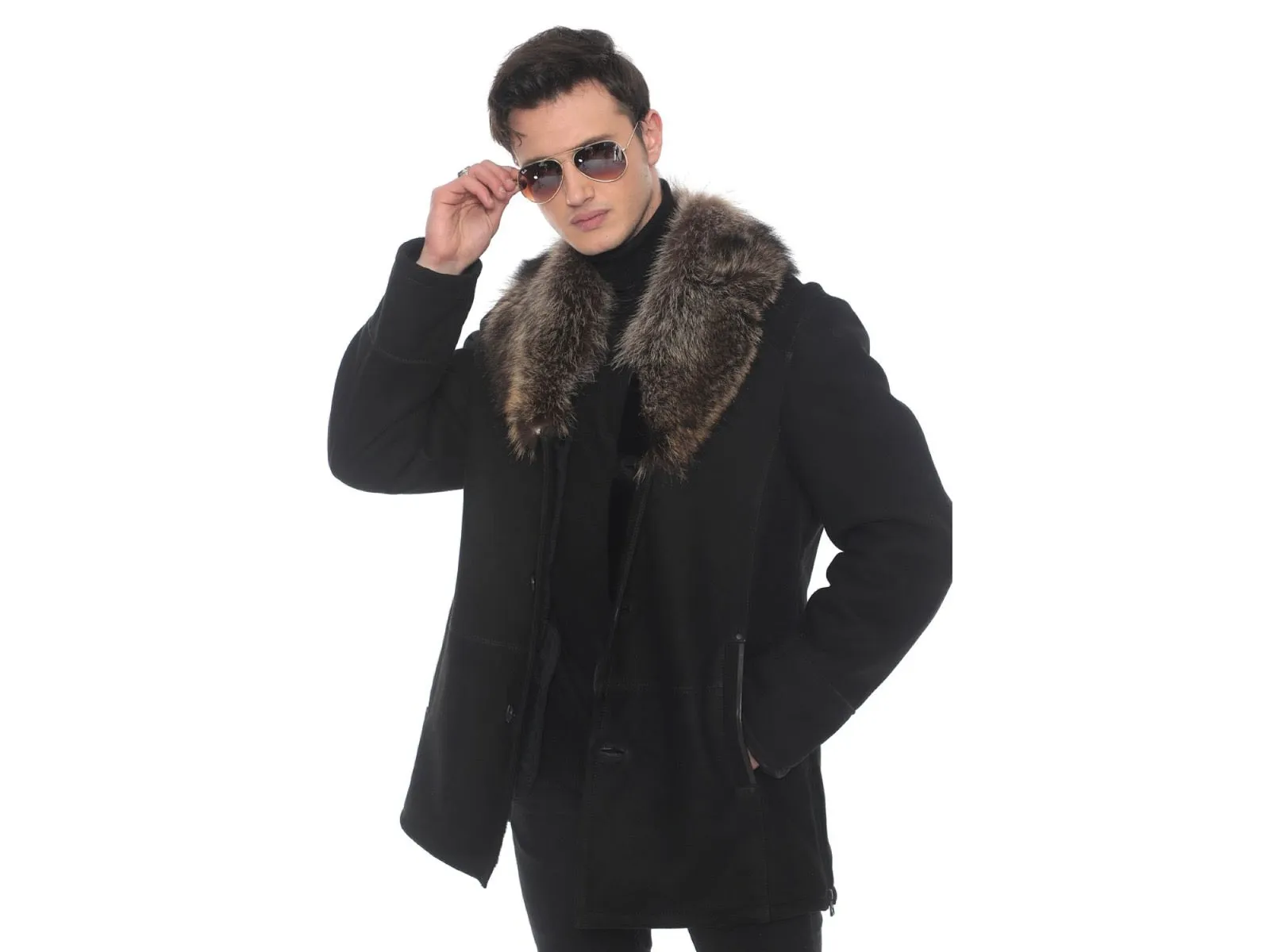 Midnight Elegance: Men's Lamb Suede Jacket with Raccoon Fur Collar