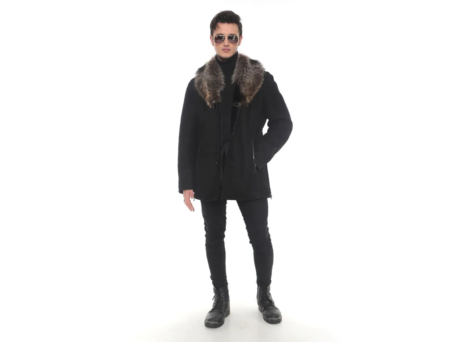 Midnight Elegance: Men's Lamb Suede Jacket with Raccoon Fur Collar