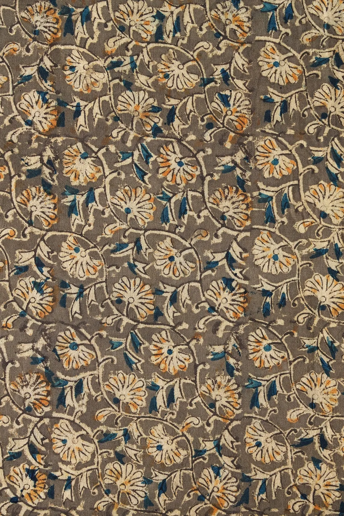 Olive And Light Beige Floral Pattern Handblock Kalamkari Organic Cotton Fabric