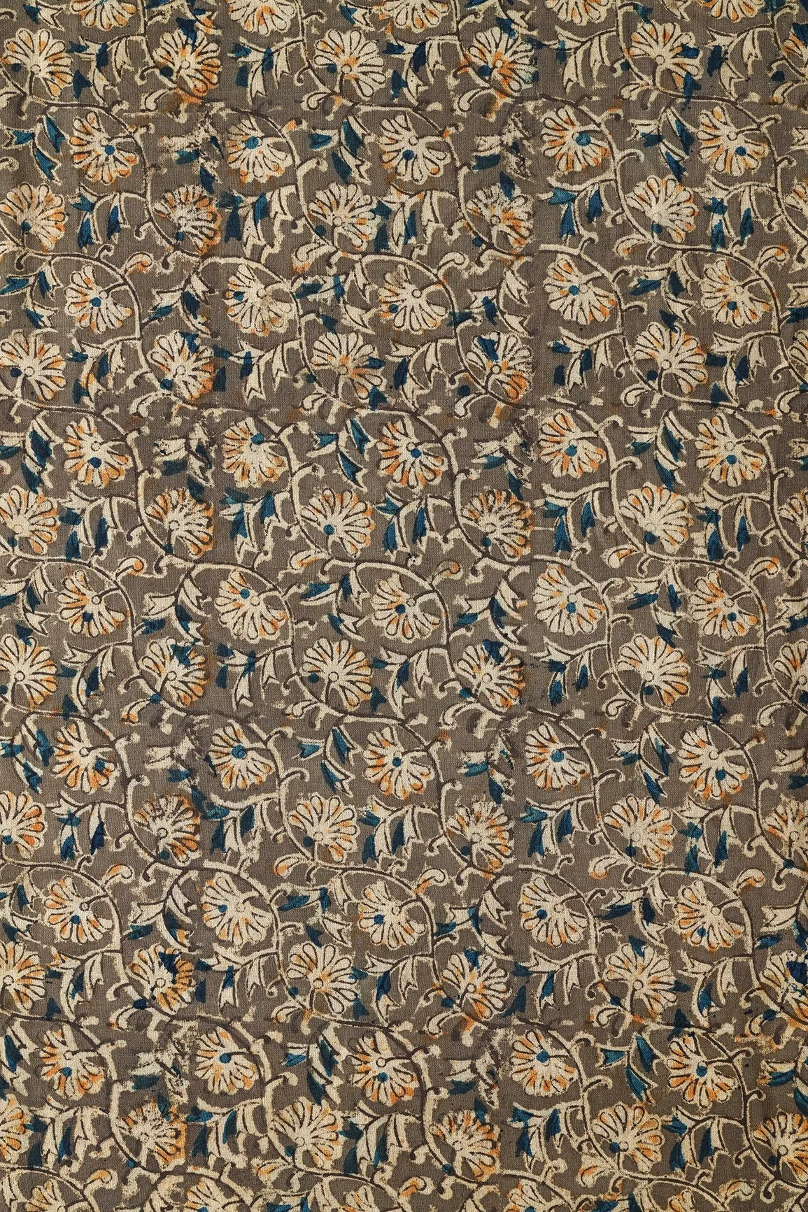 Olive And Light Beige Floral Pattern Handblock Kalamkari Organic Cotton Fabric