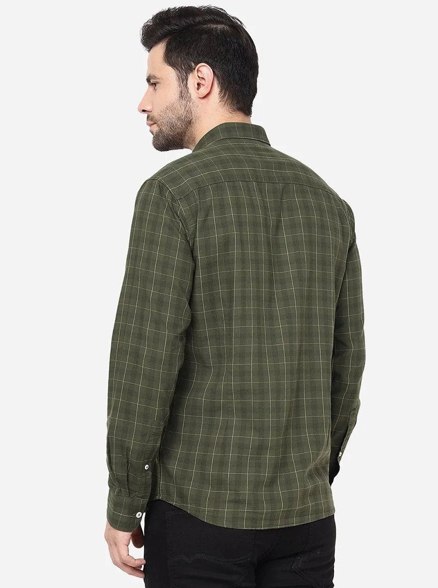 Olive Green Checked Slim Fit Semi Casual Shirt | JadeBlue