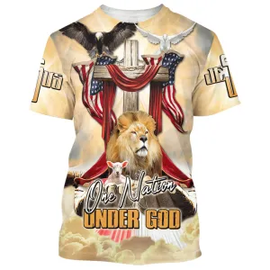 One Nation Under God Shirts - Lion Wooden Cross And The Lamb 3d Shirts - Christian T Shirts For Men And Women