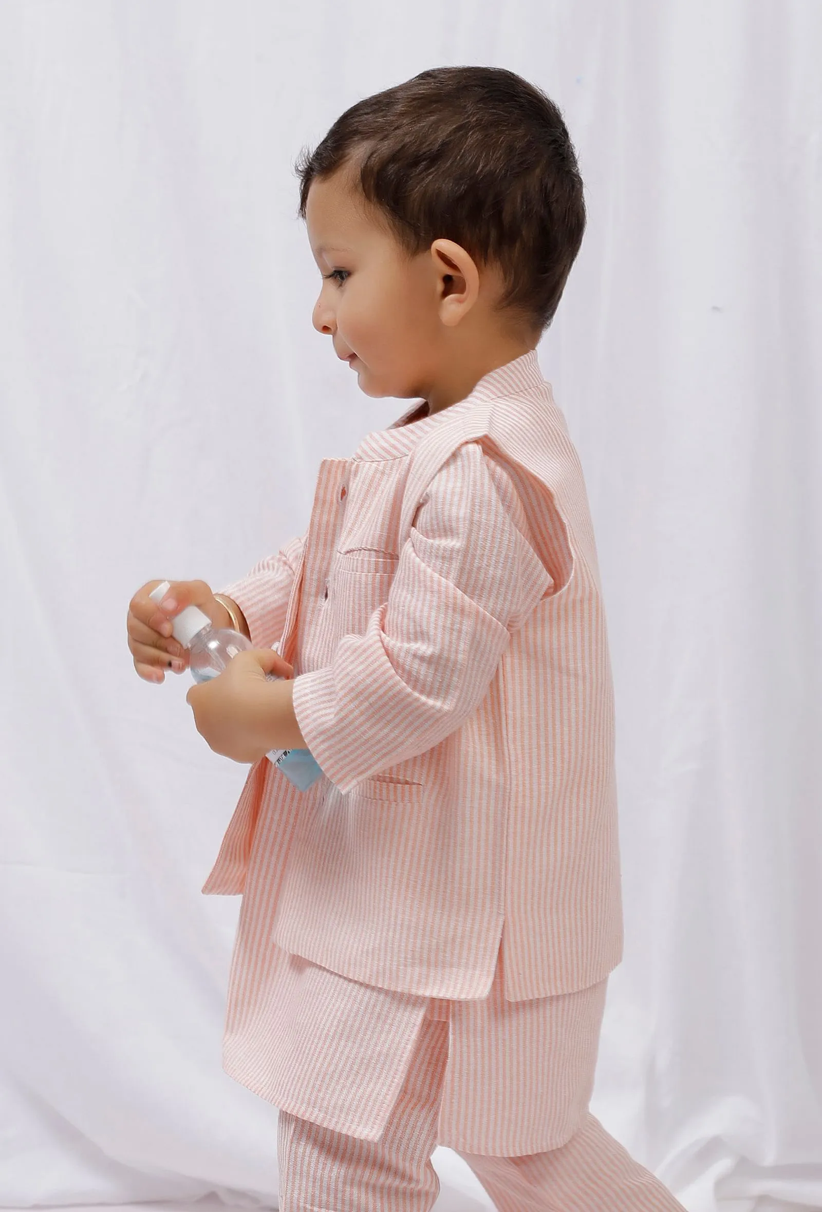 Orange Striped Nehru Cotton Sleeveless Jacket