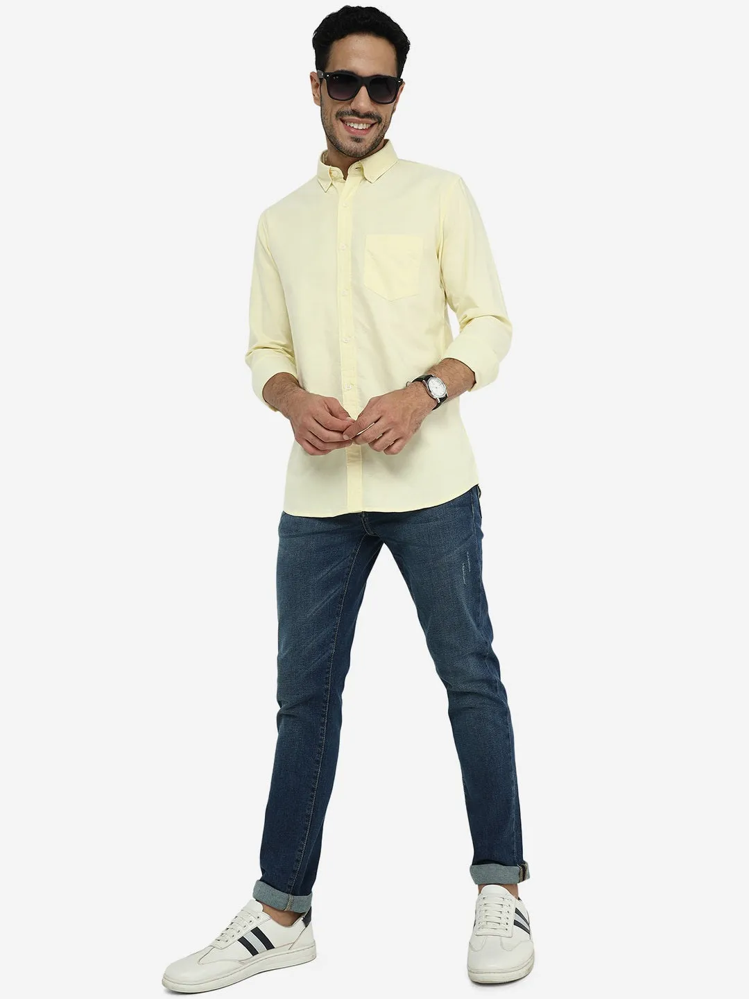 Pastel Yellow Solid Slim Fit Casual Shirt | JadeBlue