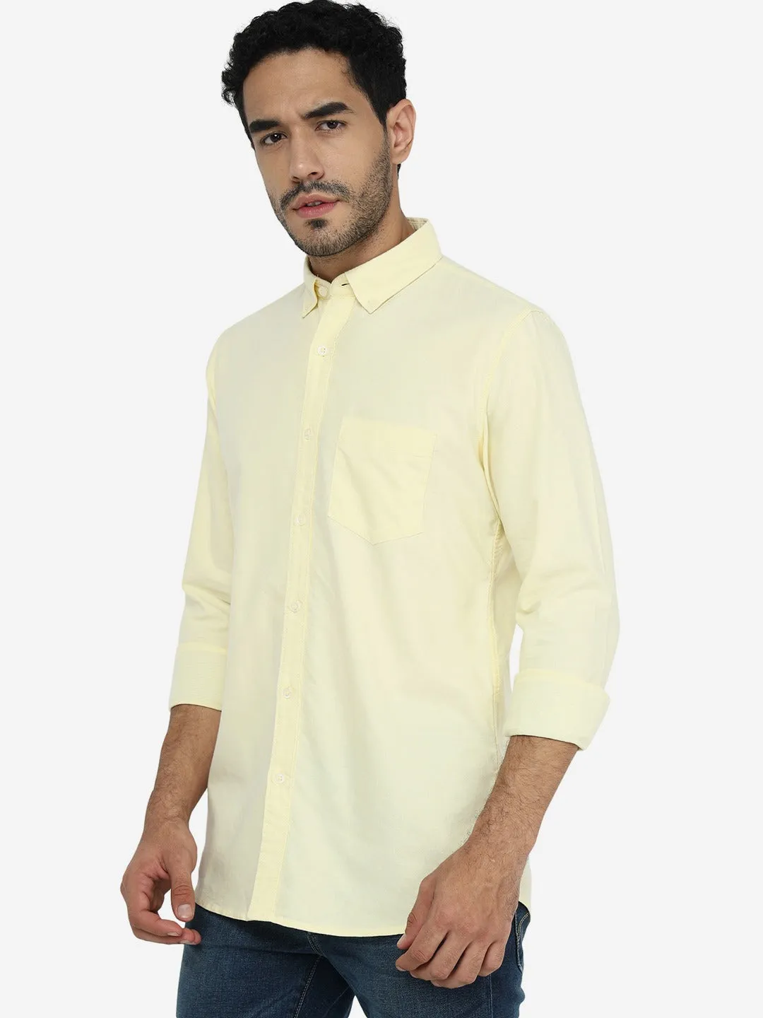 Pastel Yellow Solid Slim Fit Casual Shirt | JadeBlue