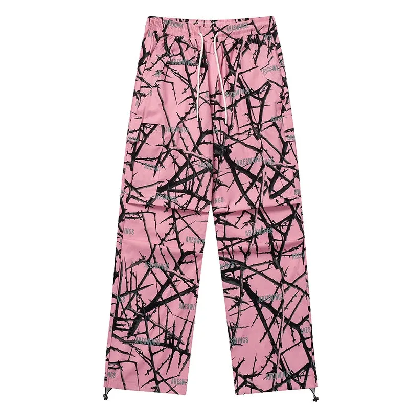 Pink Thorn Branch Printed Cargo Pants - Camouflage Casual Japanese Streetwear Trousers