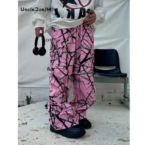 Pink Thorn Branch Printed Cargo Pants - Camouflage Casual Japanese Streetwear Trousers