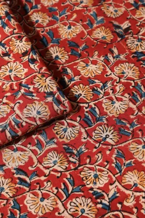 Red And Light Beige Floral Pattern Handblock Kalamkari Organic Cotton Fabric