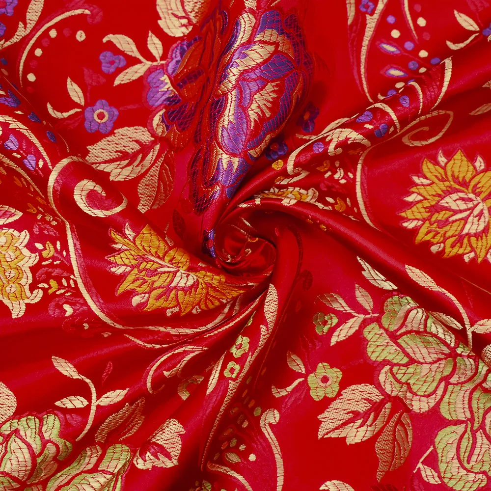 Red-Purple-Multi Polyester Floral Vine Pattern Chinese Brocade Woven Fabric