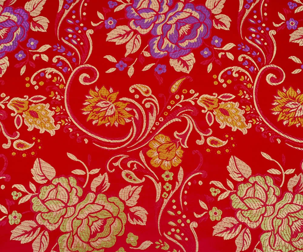 Red-Purple-Multi Polyester Floral Vine Pattern Chinese Brocade Woven Fabric