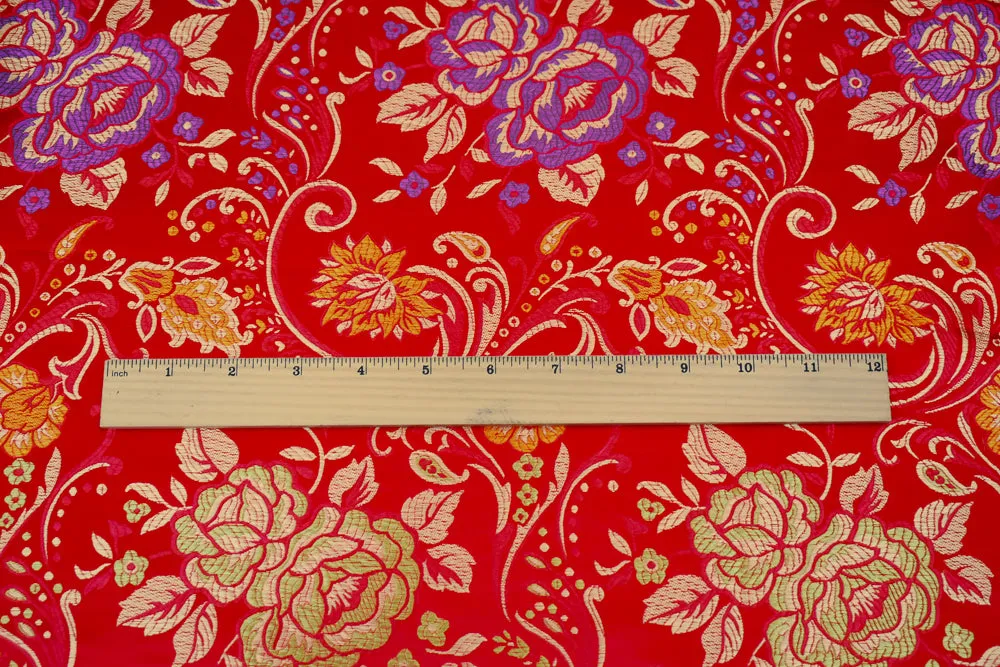 Red-Purple-Multi Polyester Floral Vine Pattern Chinese Brocade Woven Fabric