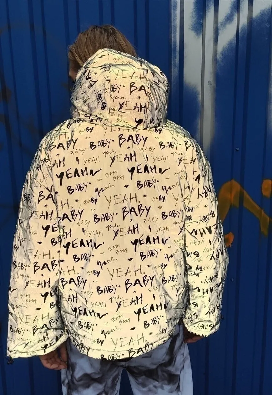 Reflective bomber luminous Graffiti puffer jacket in grey