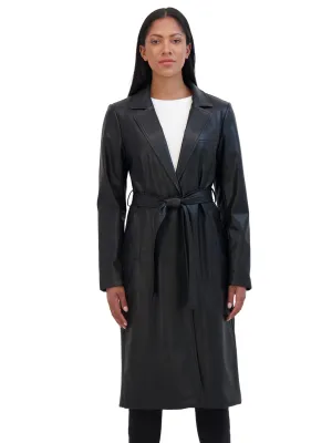 Sebby Collection Belted Snap Front Faux Leather Long Trench Coat