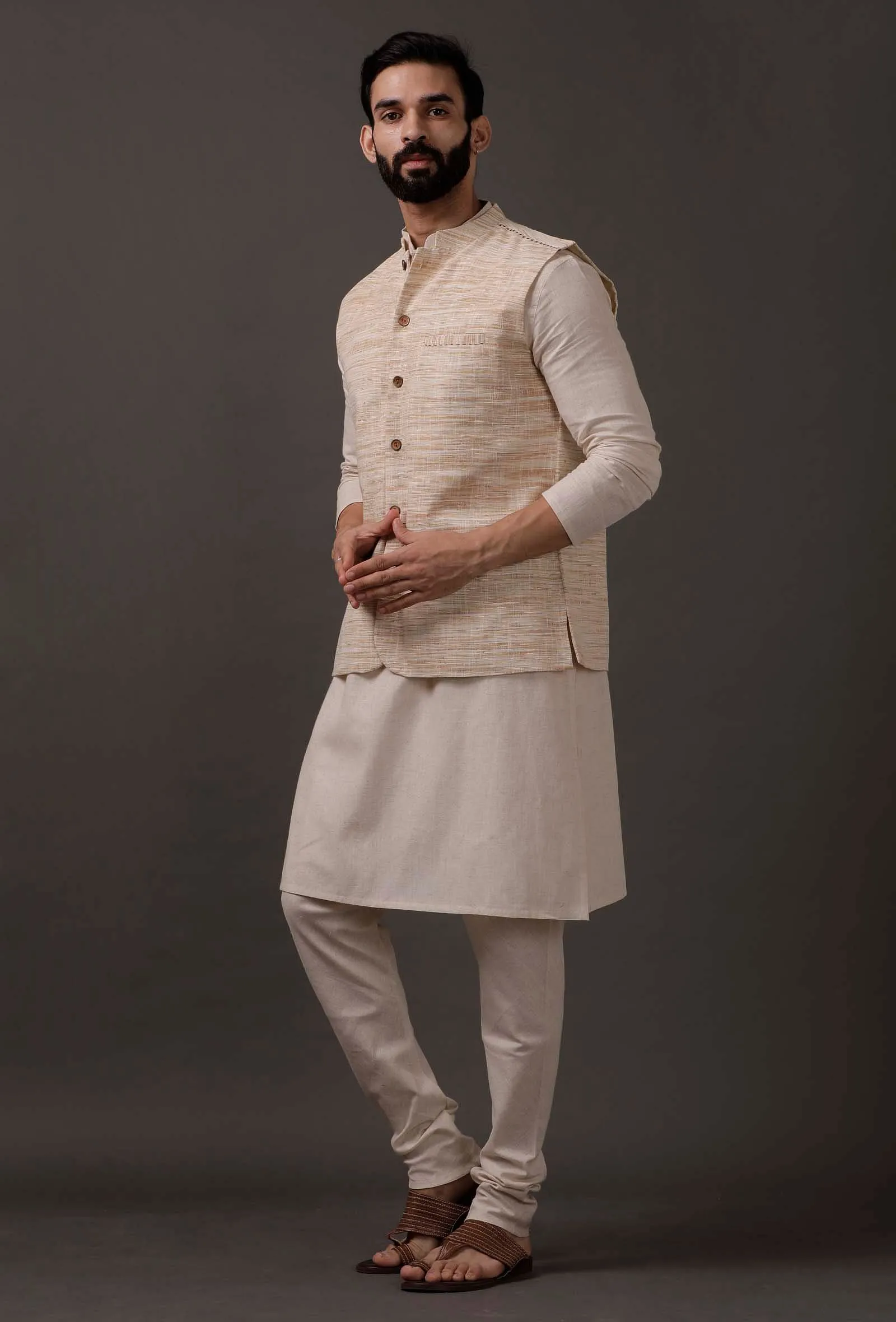 Set of 3: Beige Kurta pajama with Beige Waist Coat