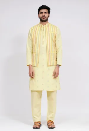 Set of 3: Yellow Stripe Nehru Jacket With Yellow Dobby Button Down Kurta and Pajama