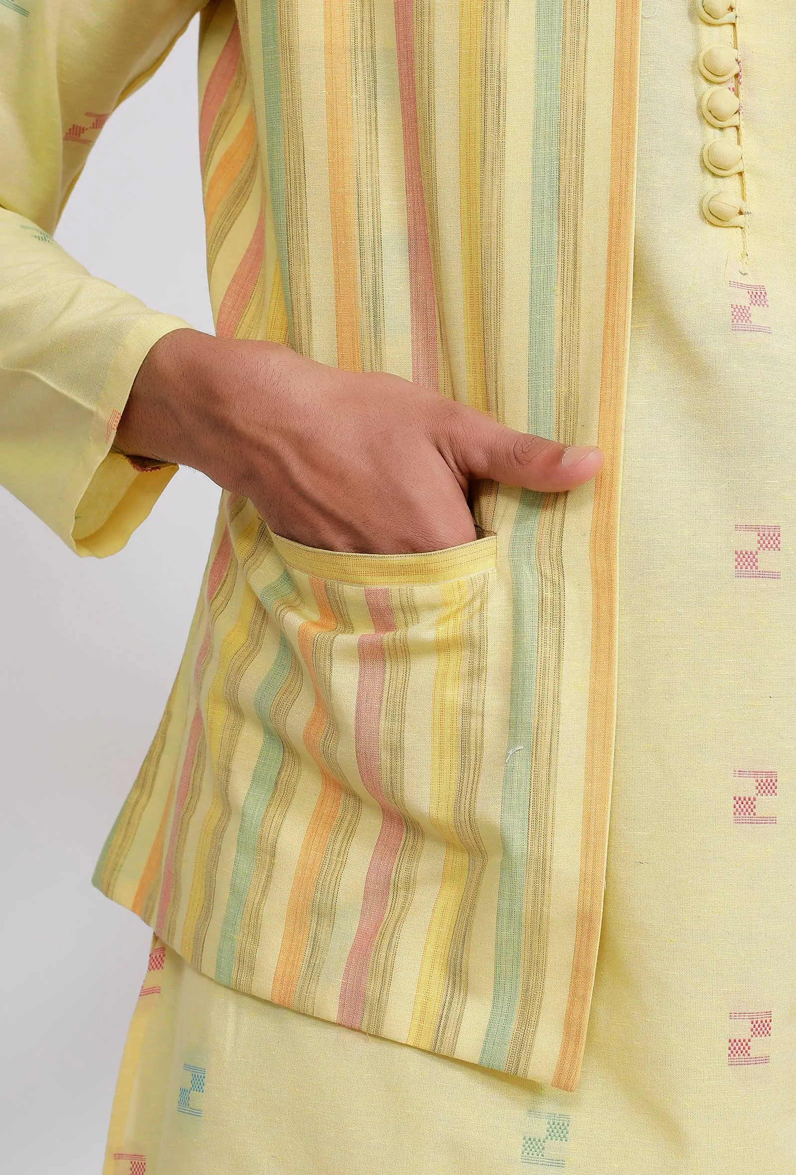 Set of 3: Yellow Stripe Nehru Jacket With Yellow Dobby Button Down Kurta and Pajama