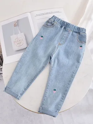 So Berry Cute Strawberry Embroidered Light Blue Jeans