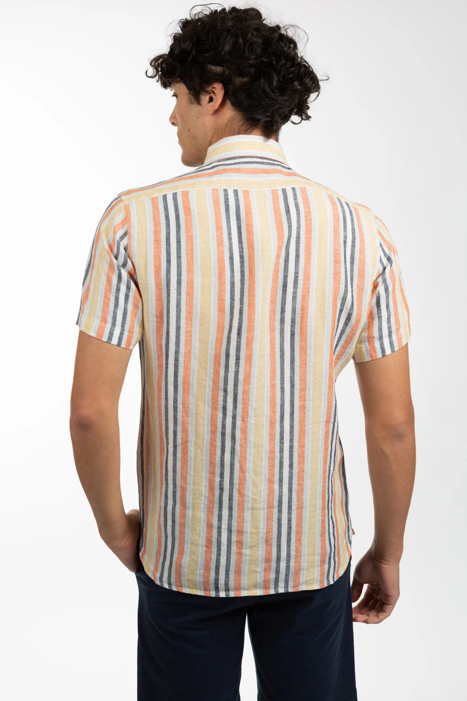 Spicy Orange Short Sleeve Stripe Linen Shirt