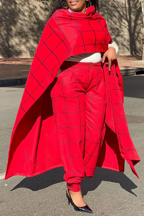 Stylish Plaid Poncho & High-waist Pants Set