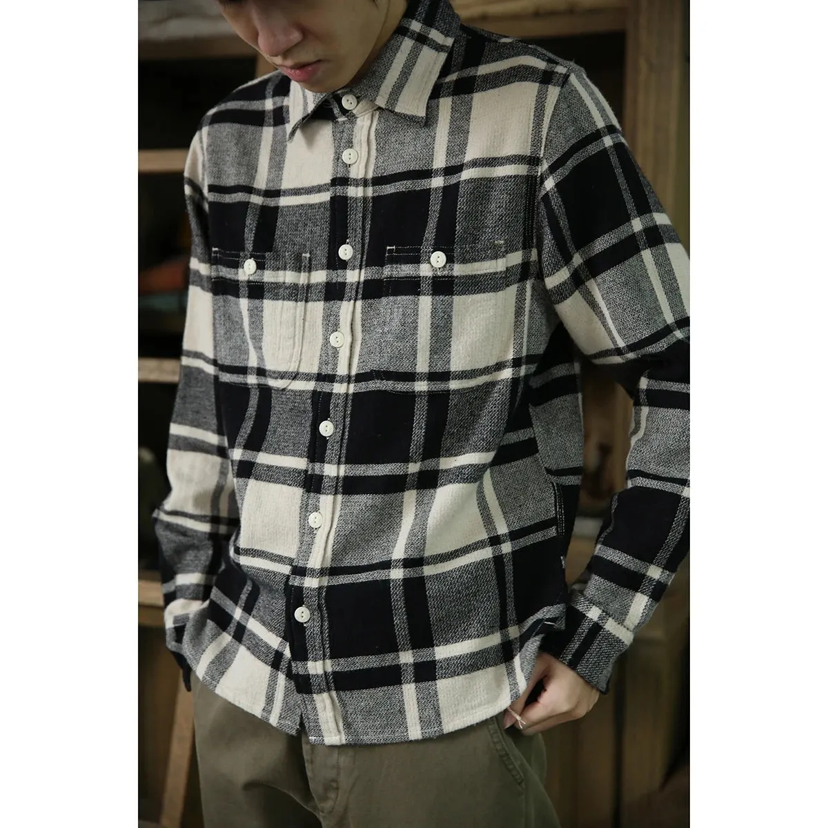 Vintage Style Flannel Work Shirt - Men's Long Sleeve Plaid Casual Shirts