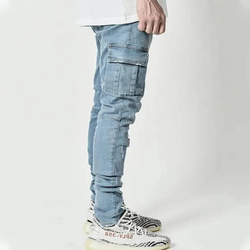 Wiaofellas  -   New Cargo Jeans Men Streetwear Pants Multi-Pocket Black Slim Small Foot Casual Trousers Cargo Pants Men Blue